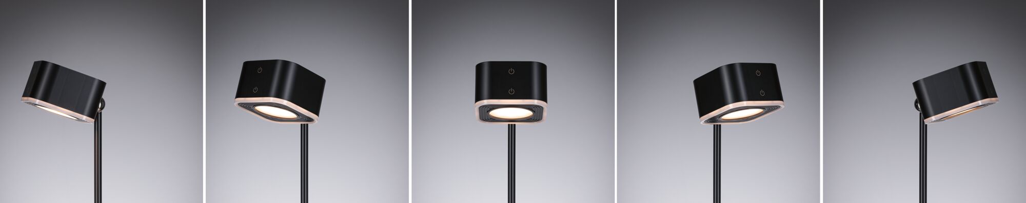 Modern black LED floor lamp with square light head and touch switch for living spaces.