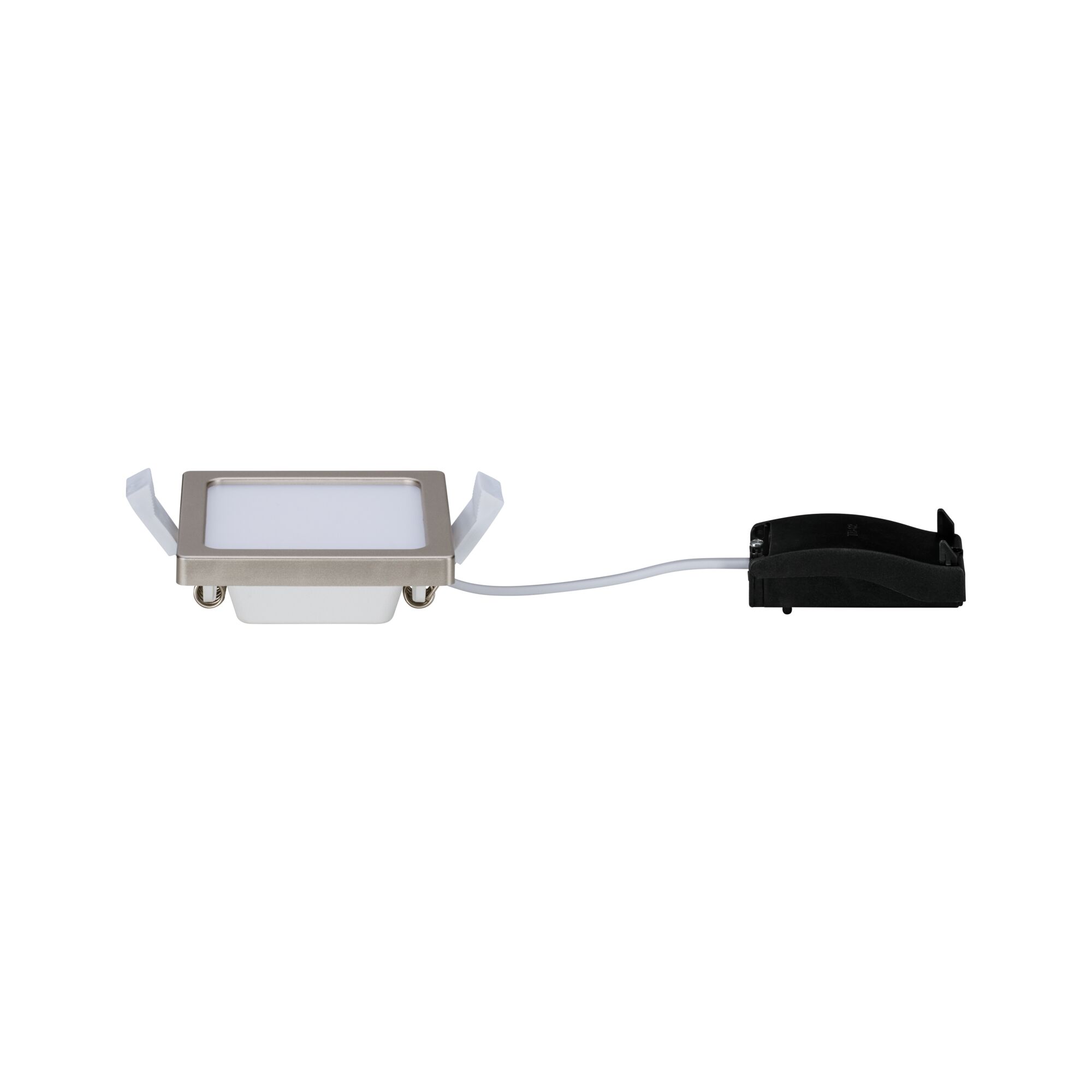 Square LED recessed spotlight in matte nickel metal with white diffuser and connection cable