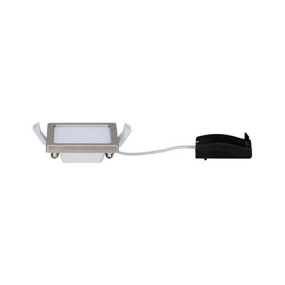 Square LED recessed spotlight in matte nickel metal with white diffuser and connection cable