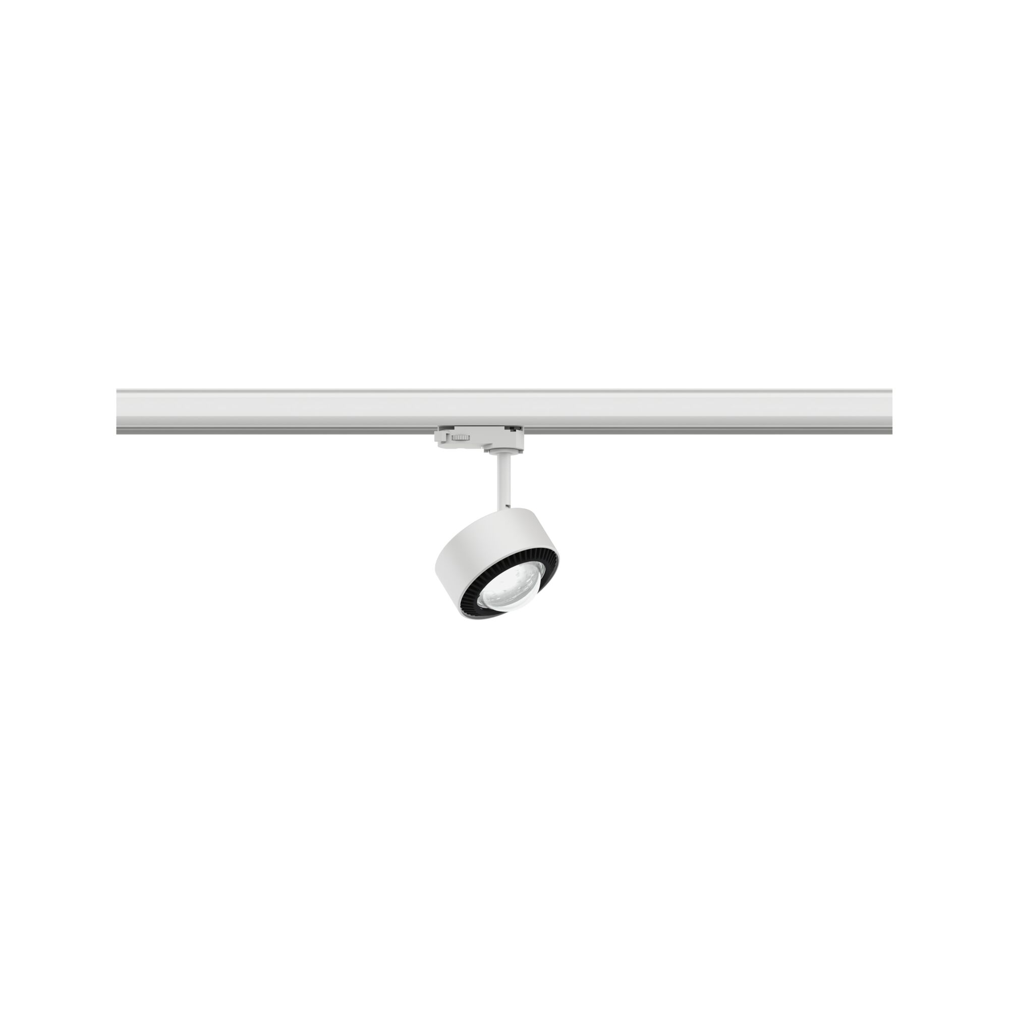Weißer LED-Strahler aus Metall an Schienensystem für flexible Raumbeleuchtung