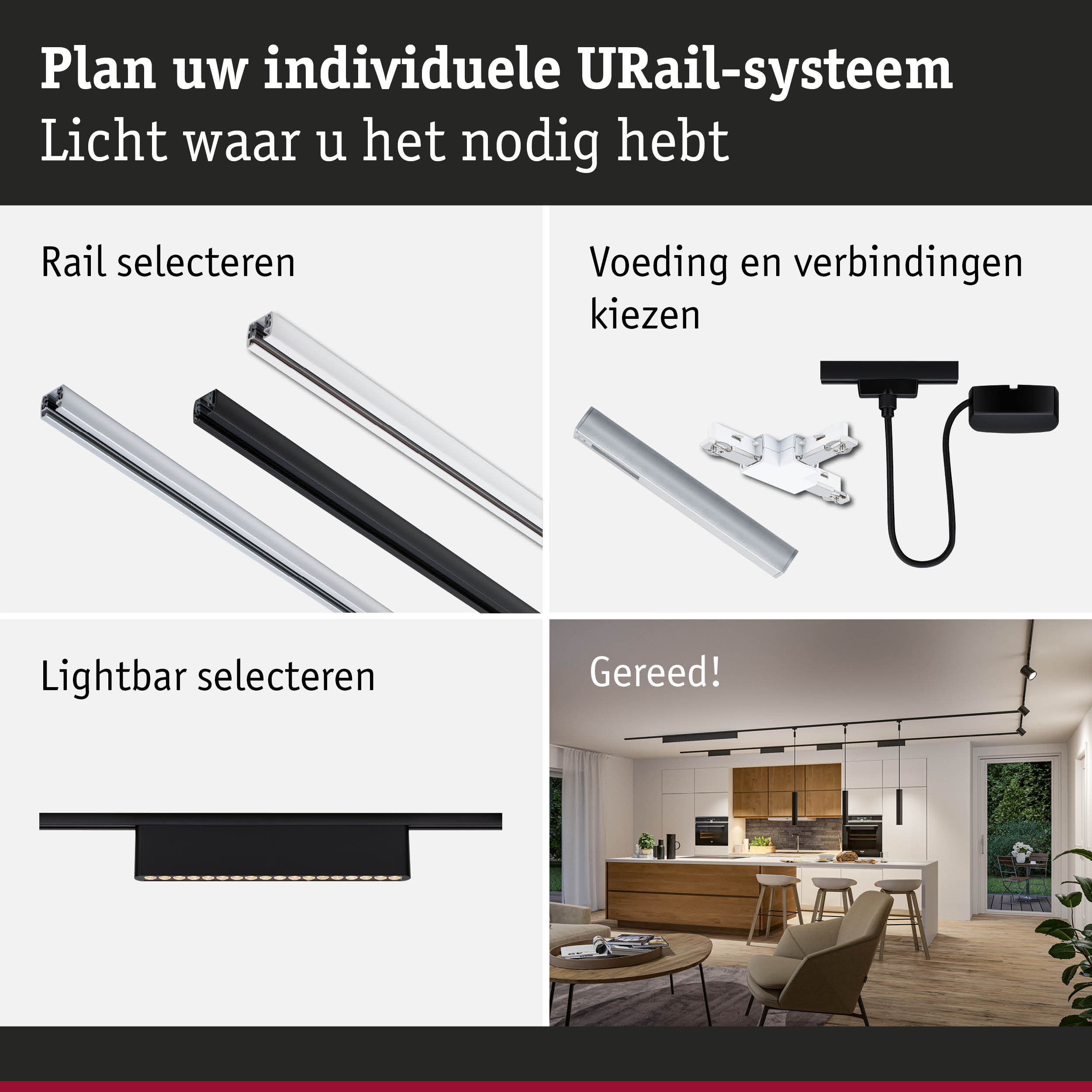 Modulair URail-systeem met rails, verbindingen en lichtbalken voor aanpasbare verlichting