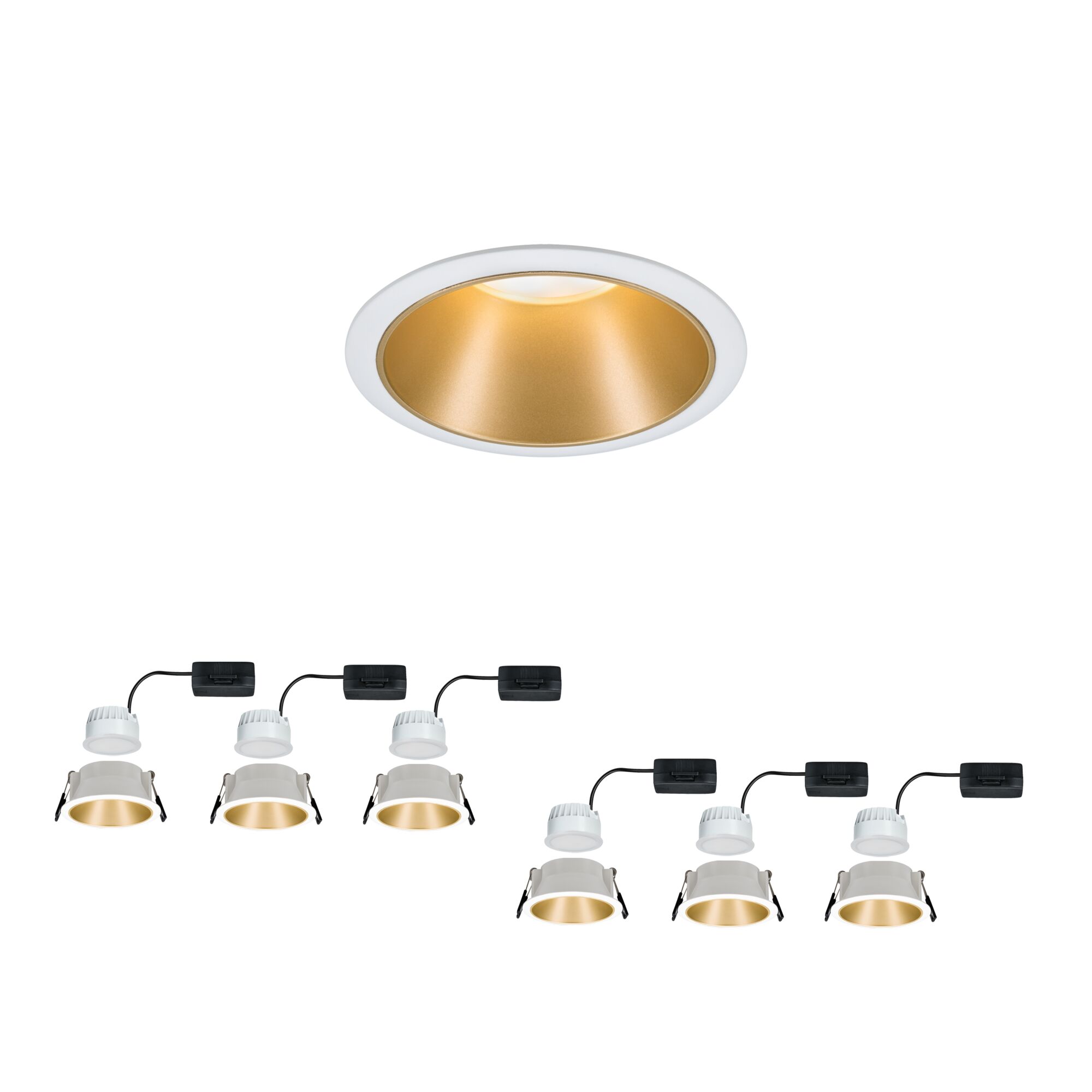 Spot encastré LED 3-Step-Dim Cole Coin Kit de 6 IP44 rond 88mm Coin 6x6W 6x460lm 230V gradable 2700K Blanc/Doré mat Spots encastrés LED blancs avec réflecteur doré et boîtier noir pour éclairage intérieur moderne