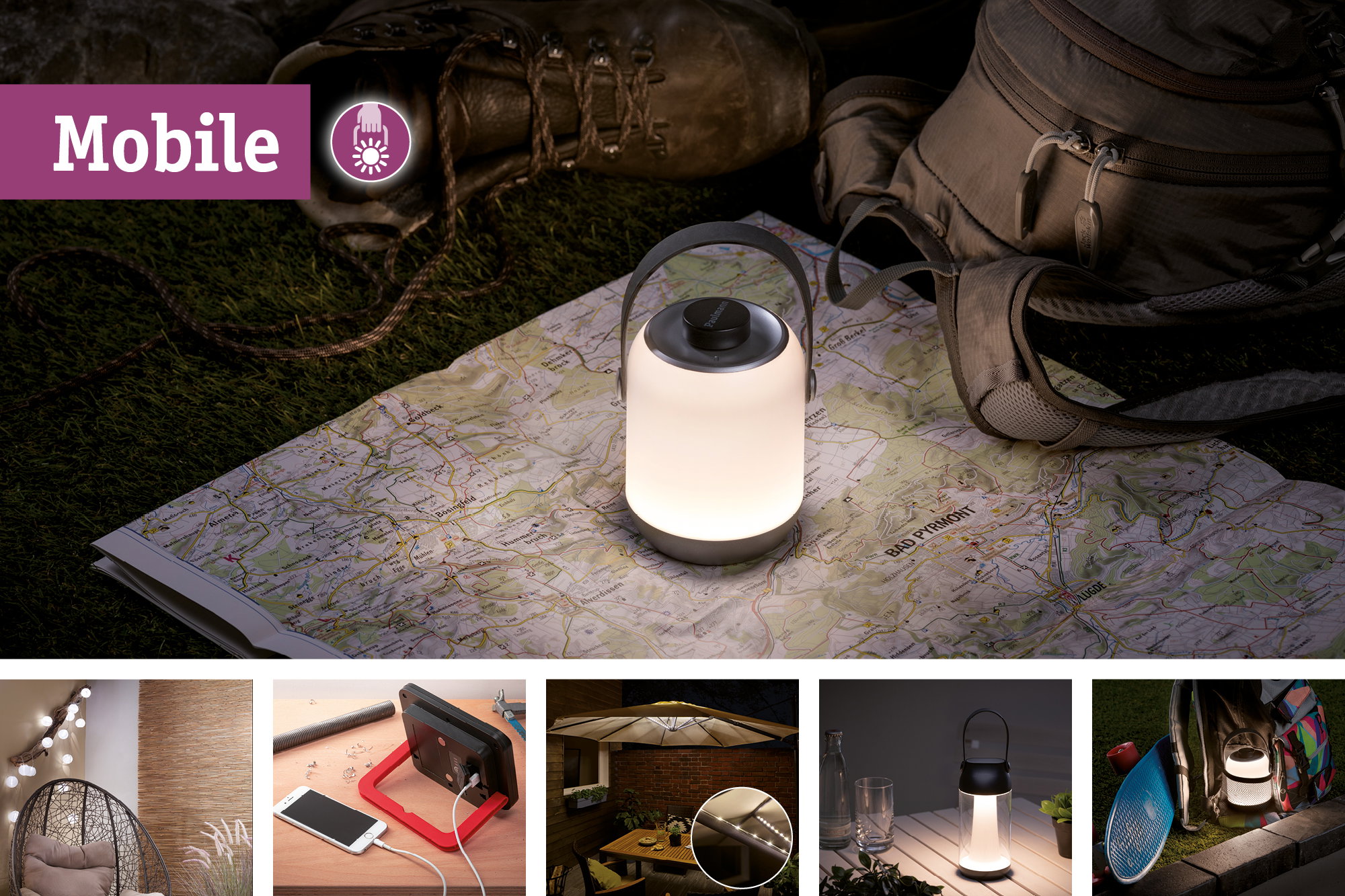 Mobile weiße LED-Laterne mit grauem Griff auf Landkarte, Outdoor-Beleuchtung für Camping und Wandern