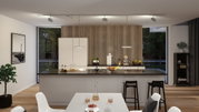 Modern kitchen with wood slat wall, white cabinets, black countertop, and stylish ceiling lighting fixtures.