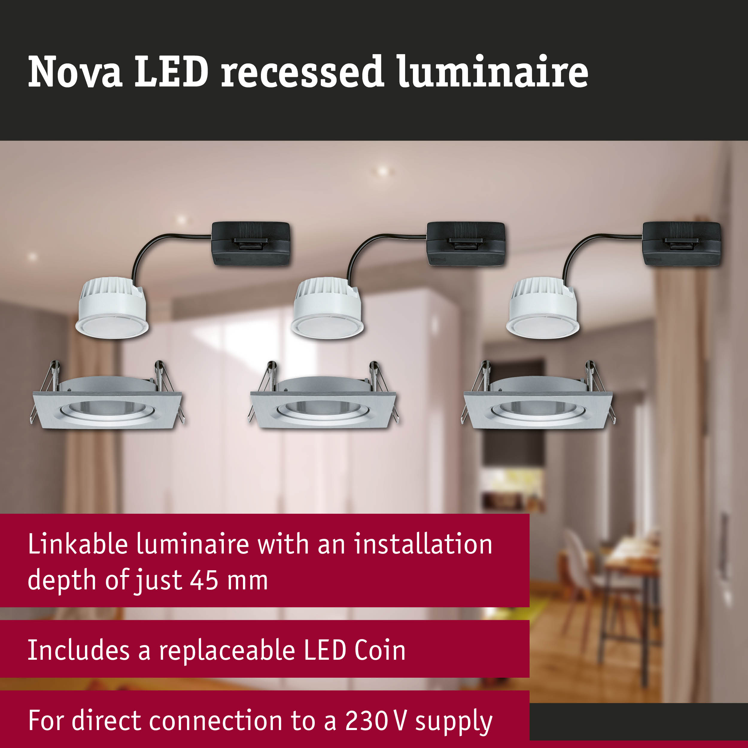 Nova LED recessed luminaire in white plastic with 45 mm installation depth for modern LED lighting