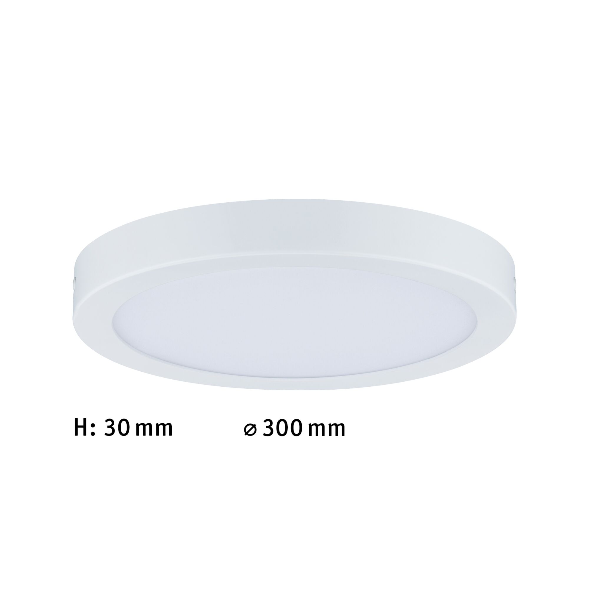 Flat round white LED ceiling light with 30 mm height and 300 mm diameter for modern lighting solutions