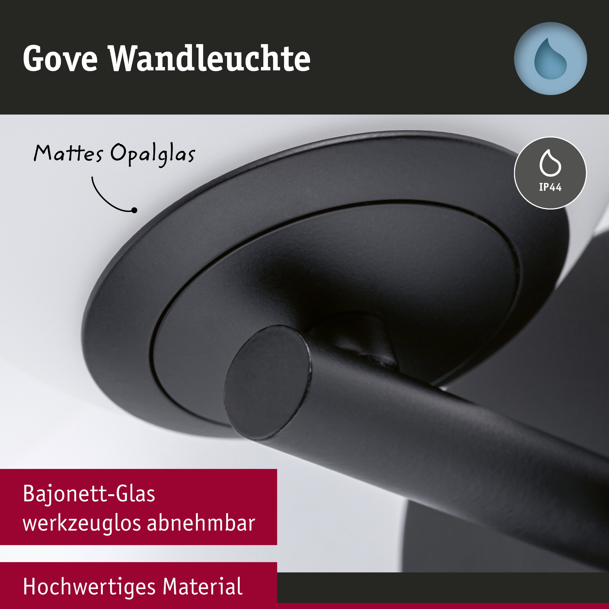 Schwarze Gove Wandleuchte mit mattem Opalglas und Bajonett-Glas, hochwertiges Material, IP44 Schutz