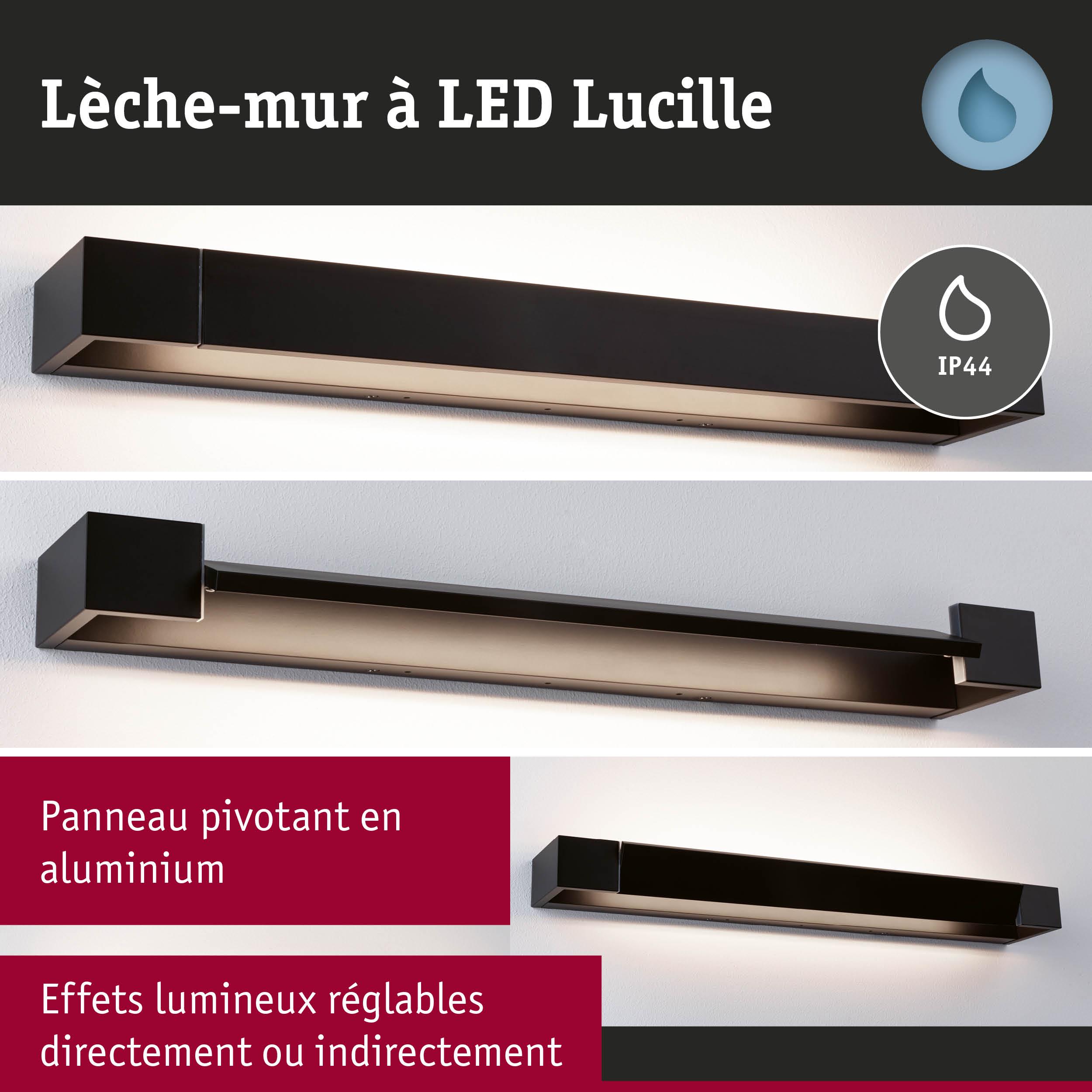 Lèche-mur LED Lucille en aluminium noir avec indice IP44 et effets lumineux réglables.