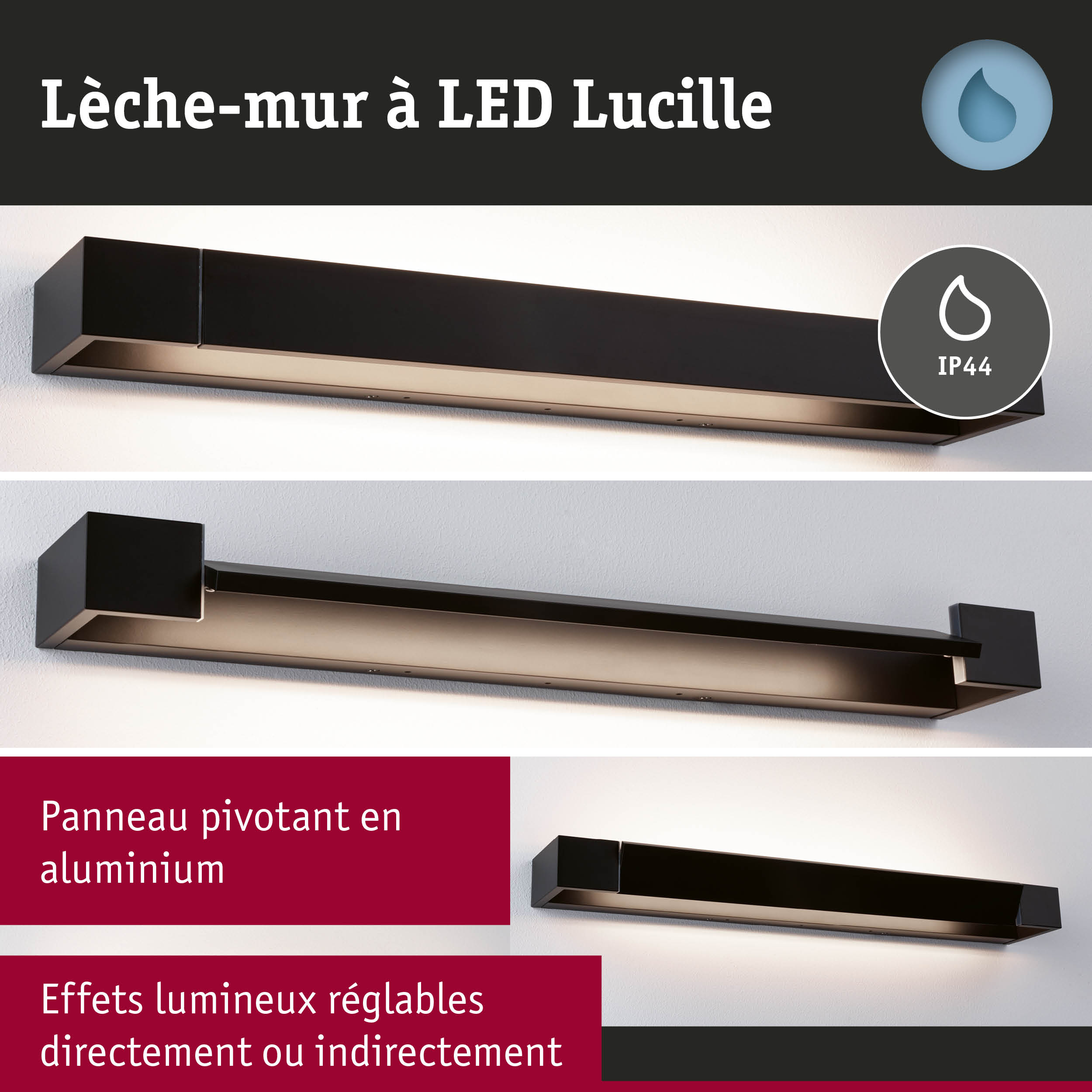 Applique murale LED noire Lucille en aluminium avec indice IP44 et effets lumineux réglables