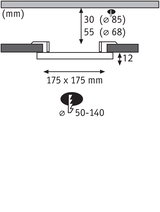 Technical drawing showing 175x175 mm dimensions and 12 mm installation depth for LED recessed light