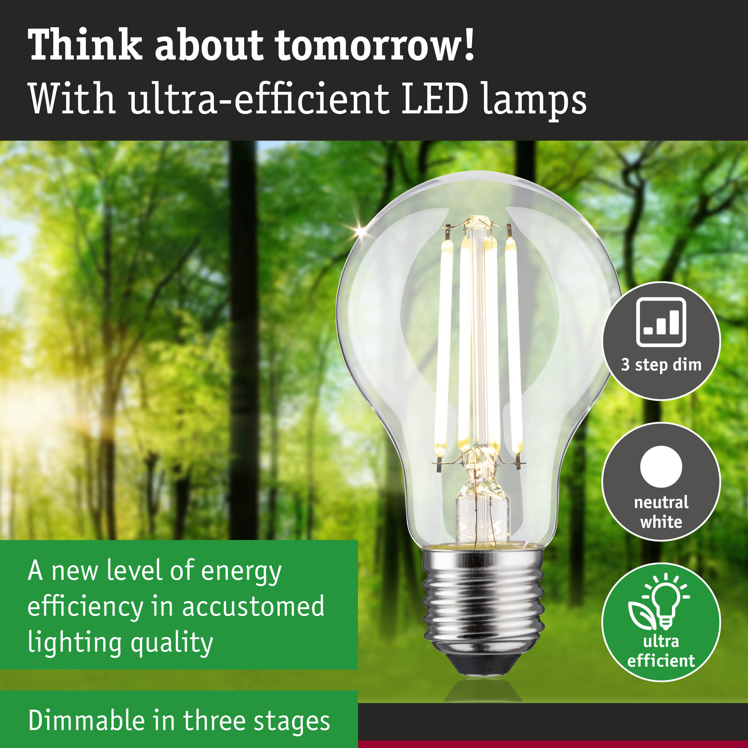 Clear LED bulb with E27 base and neutral white light, energy-efficient dimmable LED lamp