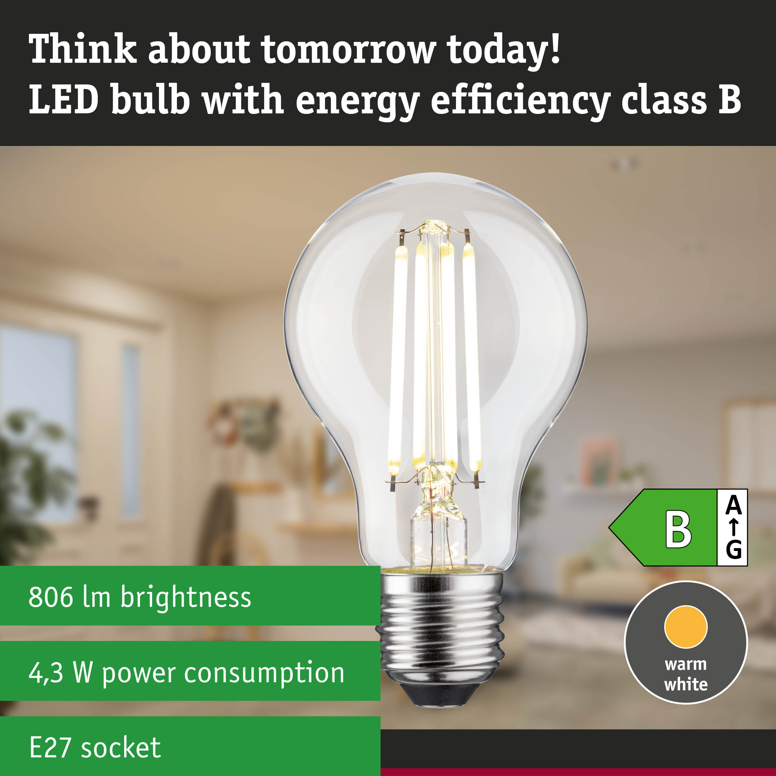Clear LED bulb with E27 base and neutral white light, energy-efficient dimmable LED lamp