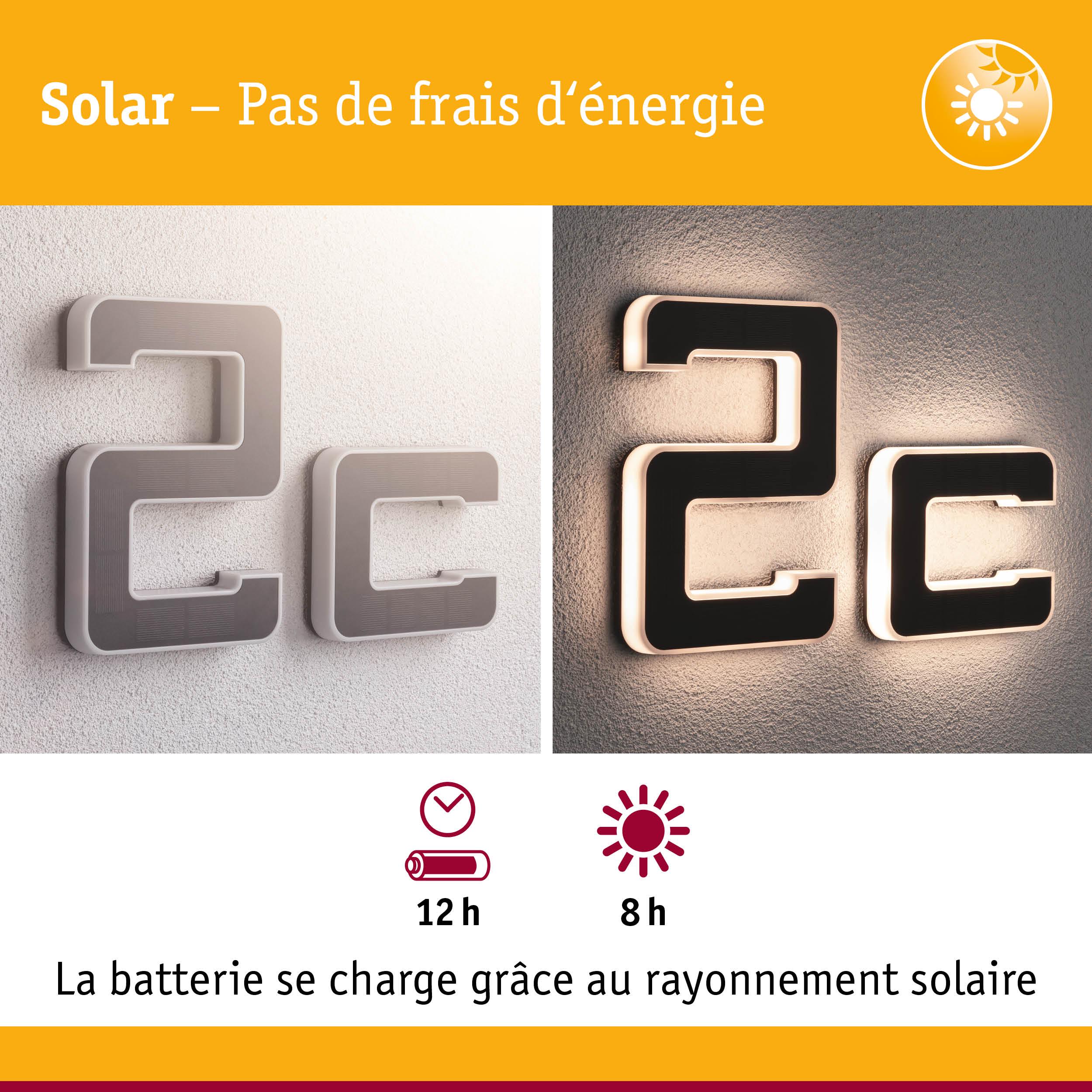 Numéro de maison LED solaire 2c gris avec 12h d'autonomie et 8h de charge solaire
