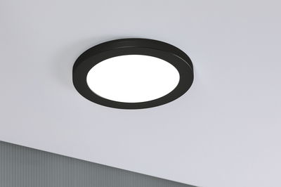 Rund LED-loftlampe med sort metalramme og hvid diffusor til moderne indendørs belysning