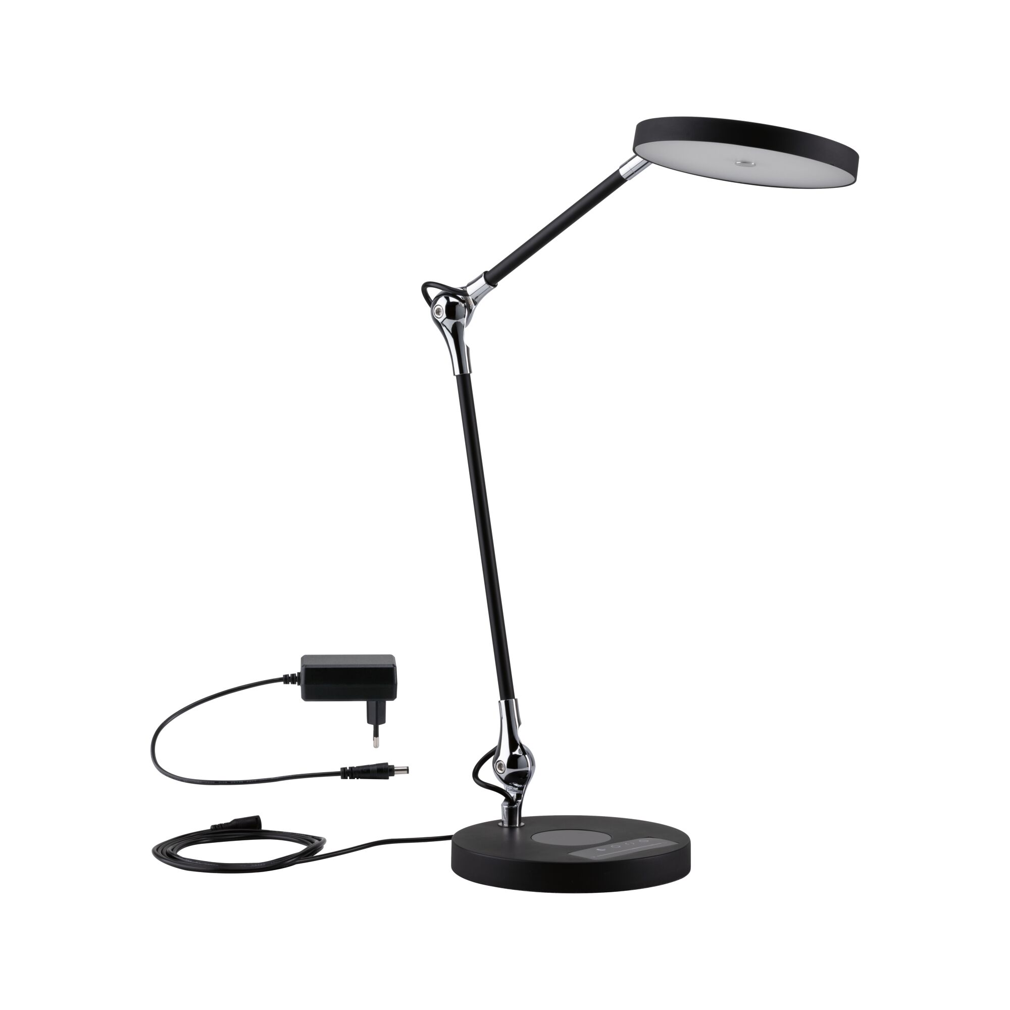 Moderne schwarze LED-Schreibtischlampe aus Metall mit verstellbarem Arm und Netzteil für Bürobeleuchtung