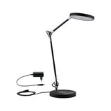 Moderne sort LED skrivebordslampe i metal med justerbar arm og strømforsyning til kontorbelysning