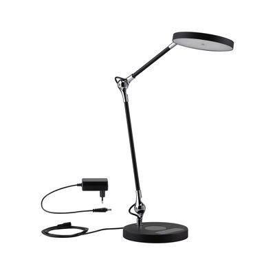 Moderne sort LED skrivebordslampe i metal med justerbar arm og strømforsyning til kontorbelysning