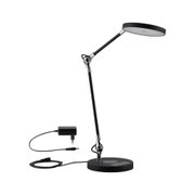 Modern black metal LED desk lamp with round head and power adapter for office lighting