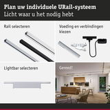 Modulair URail-systeem met aluminium rails in zwart, wit en zilver voor flexibele LED-verlichting.