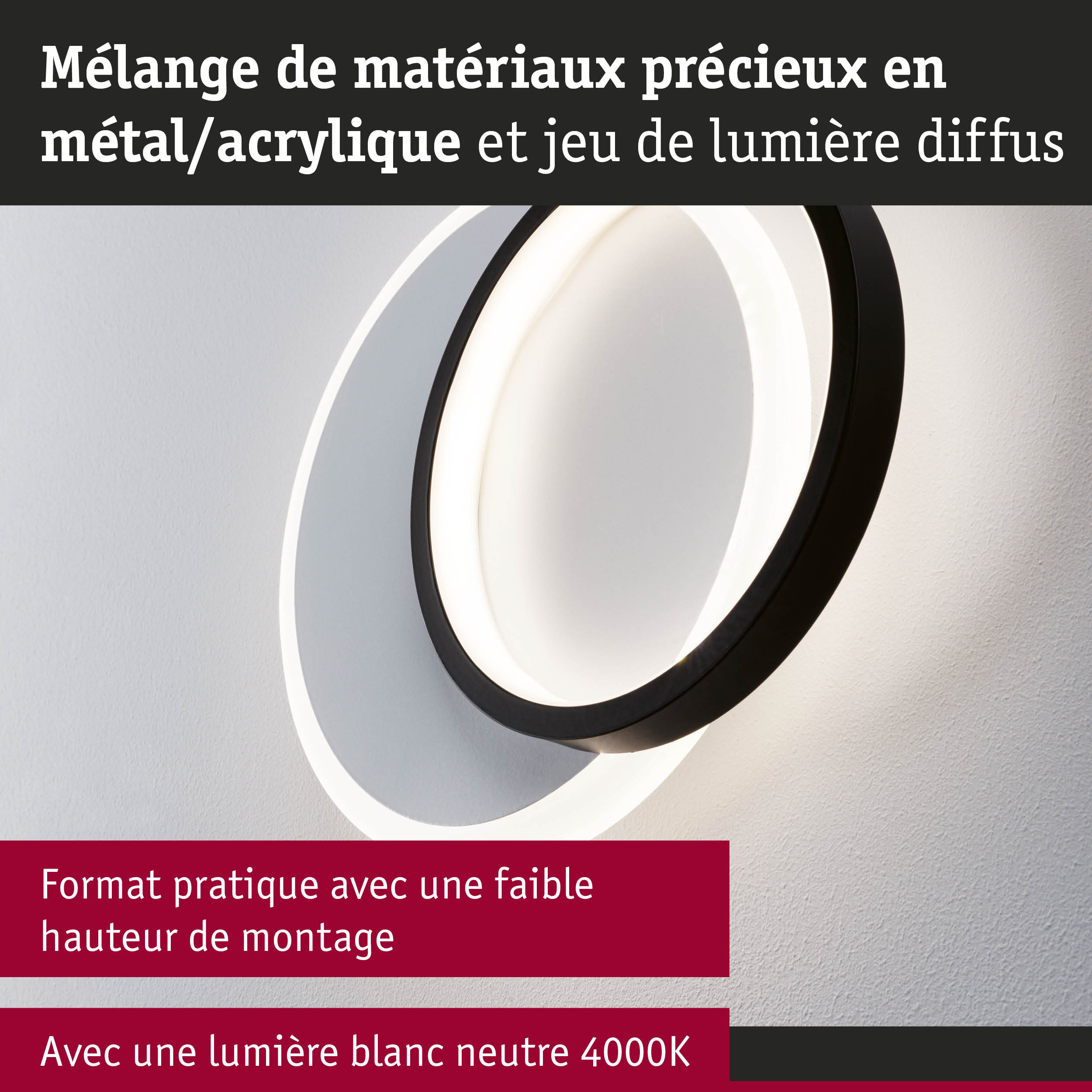Applique murale LED moderne en métal et acrylique noir avec lumière blanche neutre 4000K