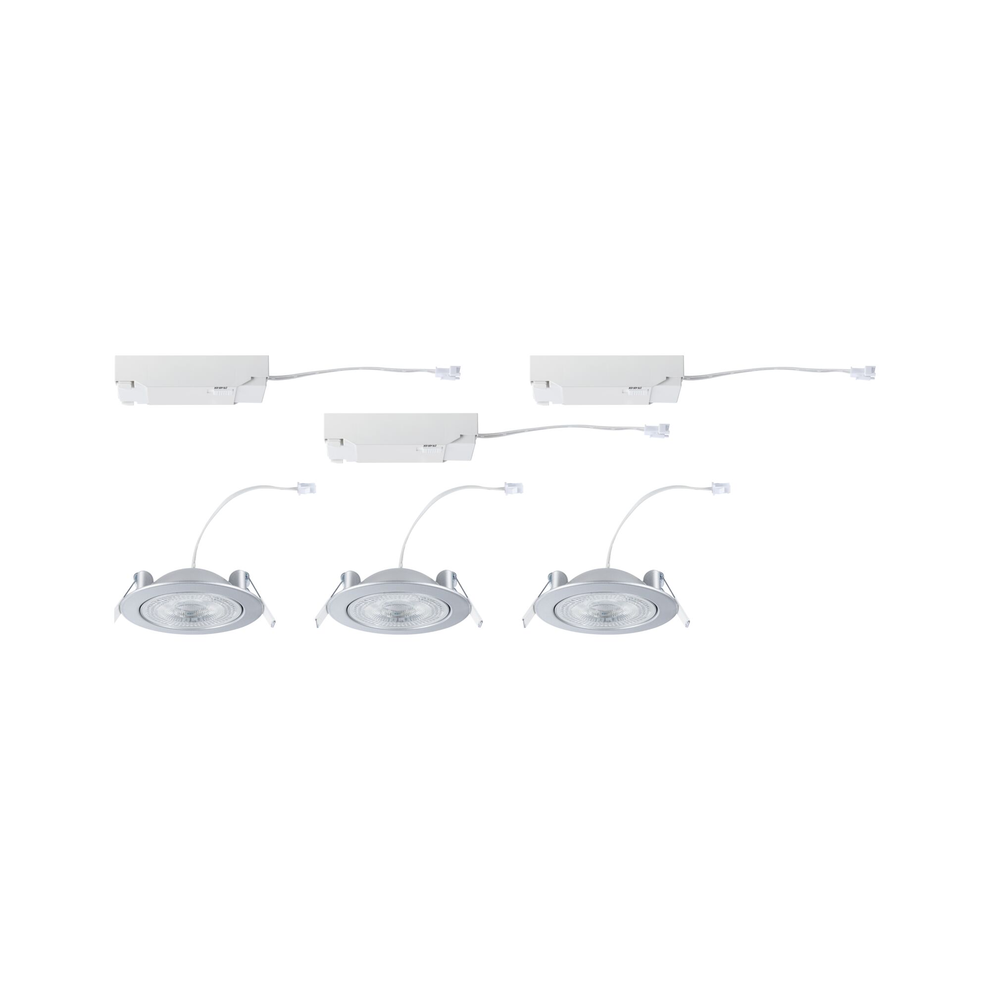 Three round recessed lights with silver frame and three white LED drivers for modern LED lighting