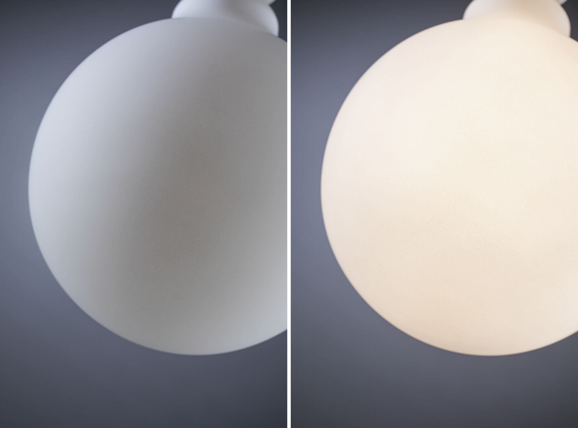 Zweiteiliges Bild einer weißen Kugel-Deckenleuchte aus Glas, links aus, rechts eingeschaltet