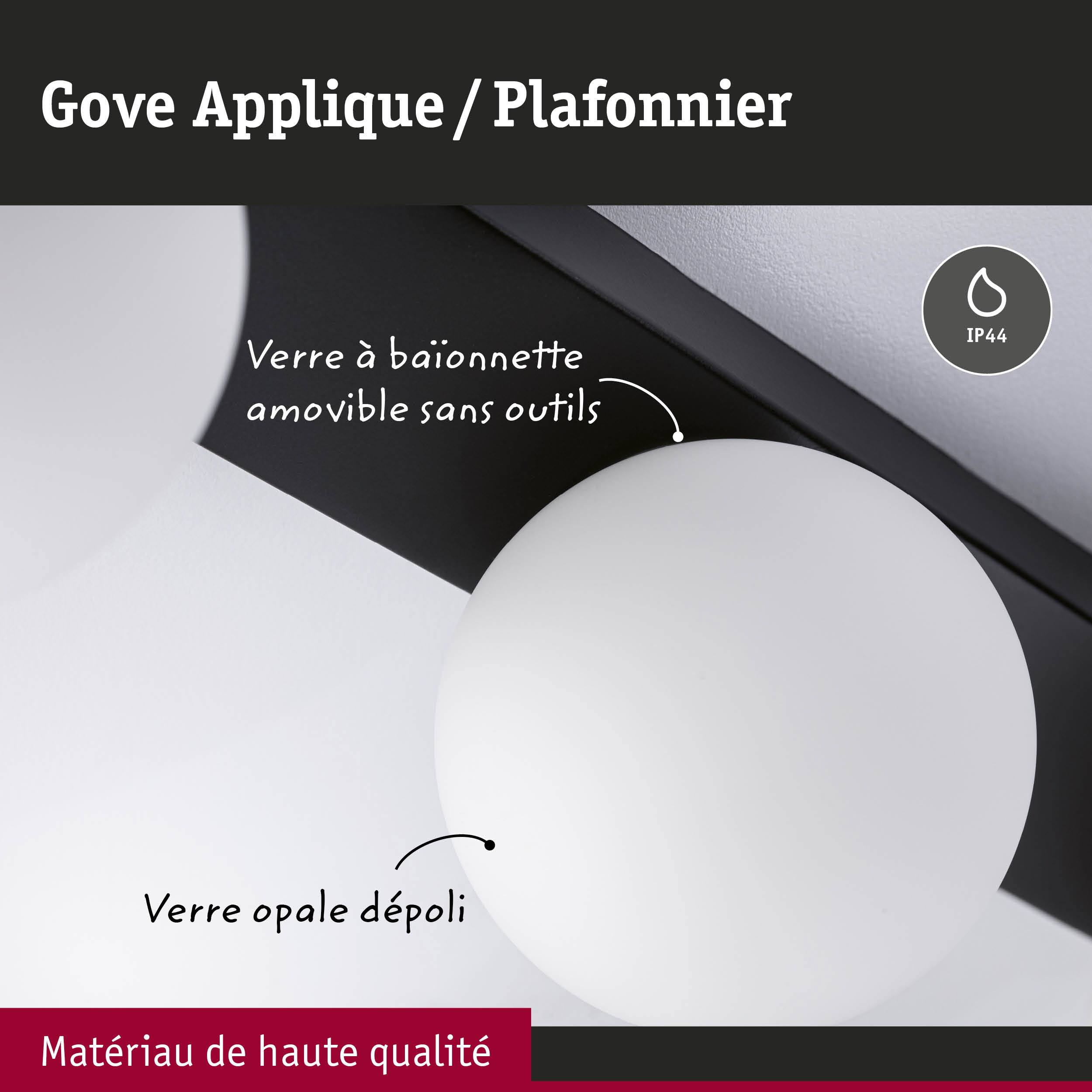 Applique Gove avec verre opale dépoli et cadre métal noir, matériau de haute qualité, protection IP44