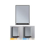 Miroir rectangulaire avec cadre noir et étagère, éclairage LED en 2700K et 6500K températures de couleur.