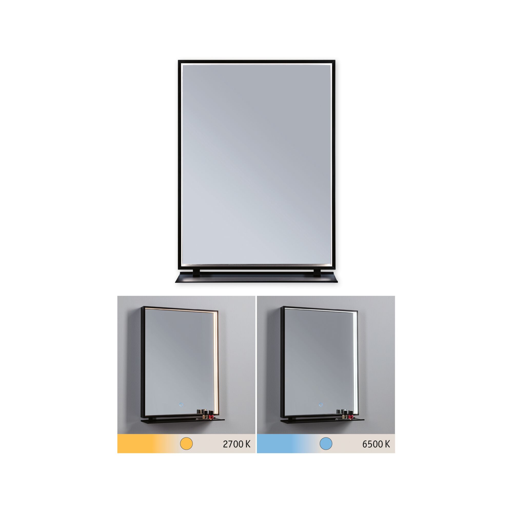 Miroir lumineux LED Miro IP44 Tunable White 180lm 230V 11W Miroir/Noir mat Miroir rectangulaire avec cadre noir et étagère, éclairage LED en 2700K et 6500K températures de couleur.