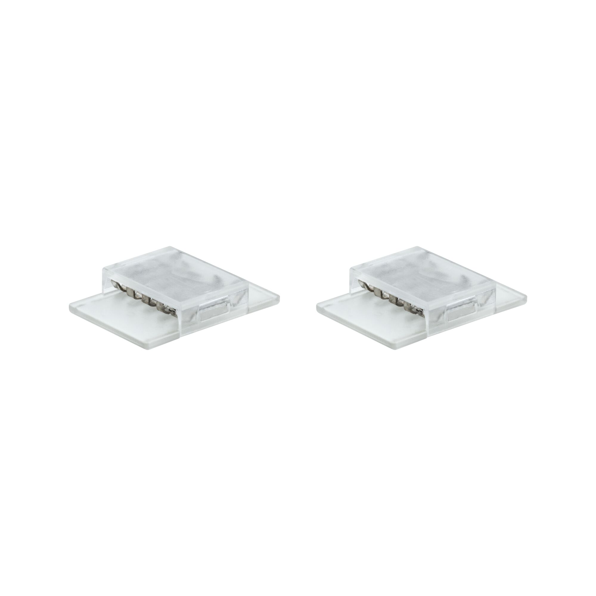 Two transparent plastic LED strip connectors for flexible light strip connections