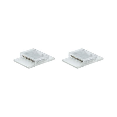Two transparent plastic LED strip connectors for flexible light strip connections
