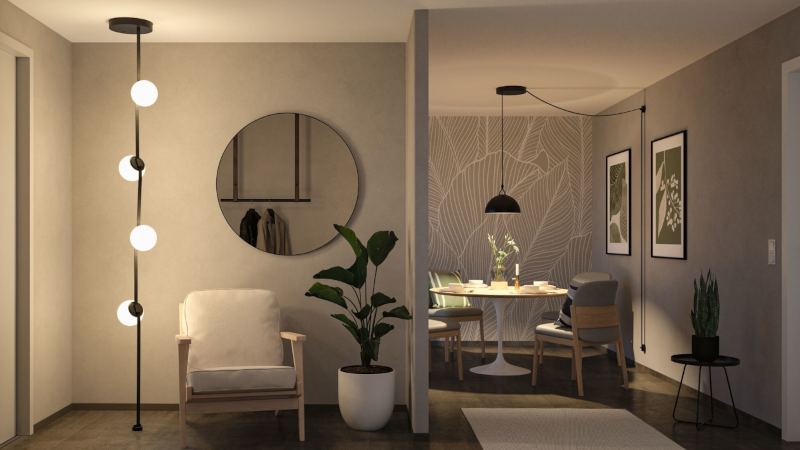 Moderne vloerlamp met vier witte bollen in lichte woonkamer met fauteuil en planten, LED-verlichting