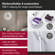 Wiederaufladbare weiße LED-Wandleuchte mit austauschbarem Akku und USB-C-Ladekabel für lange Leuchtdauer