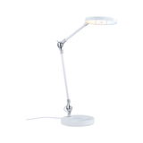 Weiße LED-Schreibtischlampe mit verstellbarem Arm und rundem Leuchtkopf aus Metall und Kunststoff