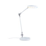Lampe de bureau LED blanche avec bras réglable et tête ronde en métal et plastique