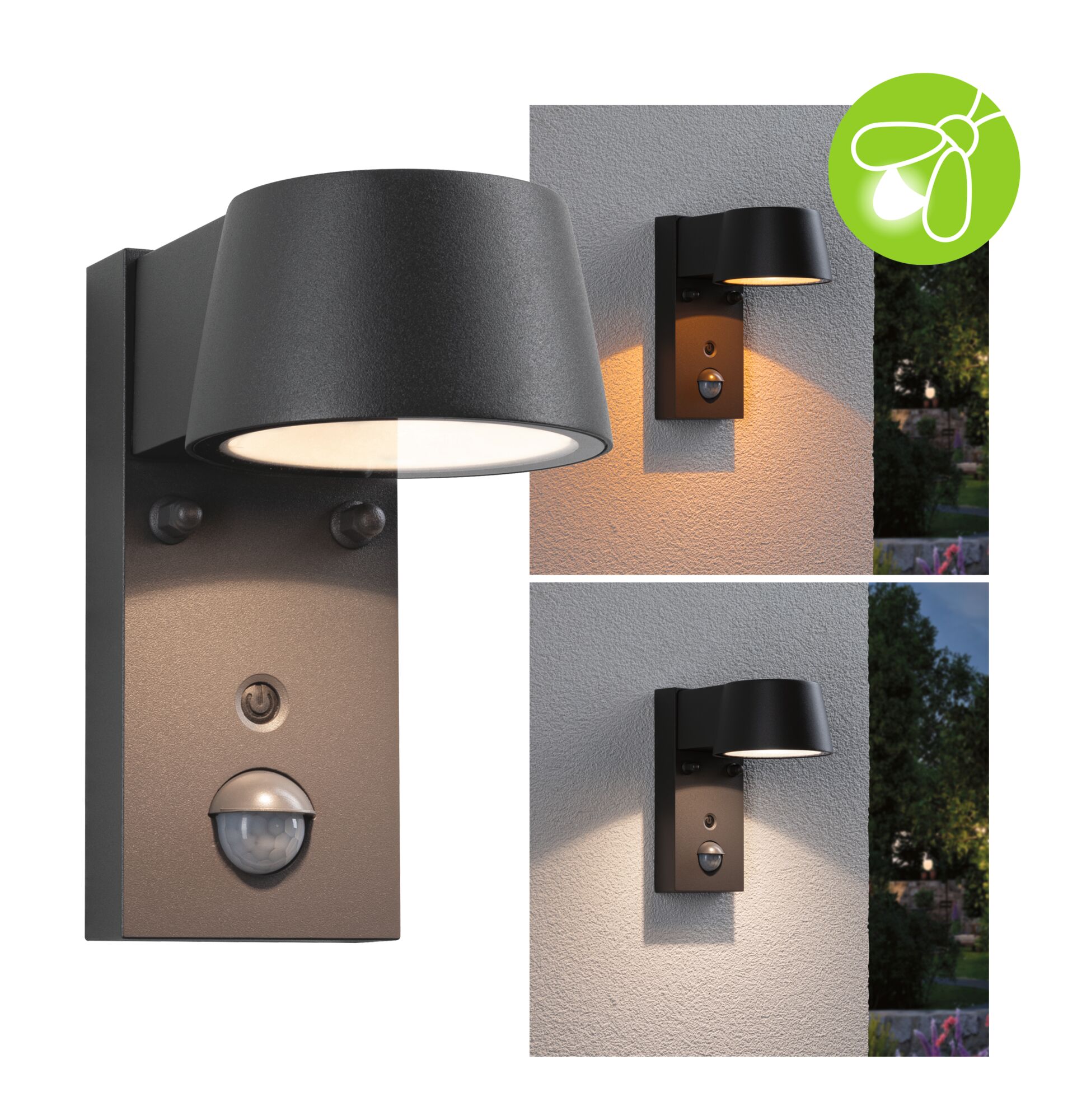 LED Außenwandleuchte Capea Dämmerungsgesteuerter Bewegungsmelder (IR) insektenfreundlich IP44 96x165mm Tunable Warm 6W 450lm 230V 98° Anthrazit Aluminium Schwarze Außenwandleuchte aus Metall mit Bewegungsmelder und warmweißem LED-Licht für Garten und Terrasse