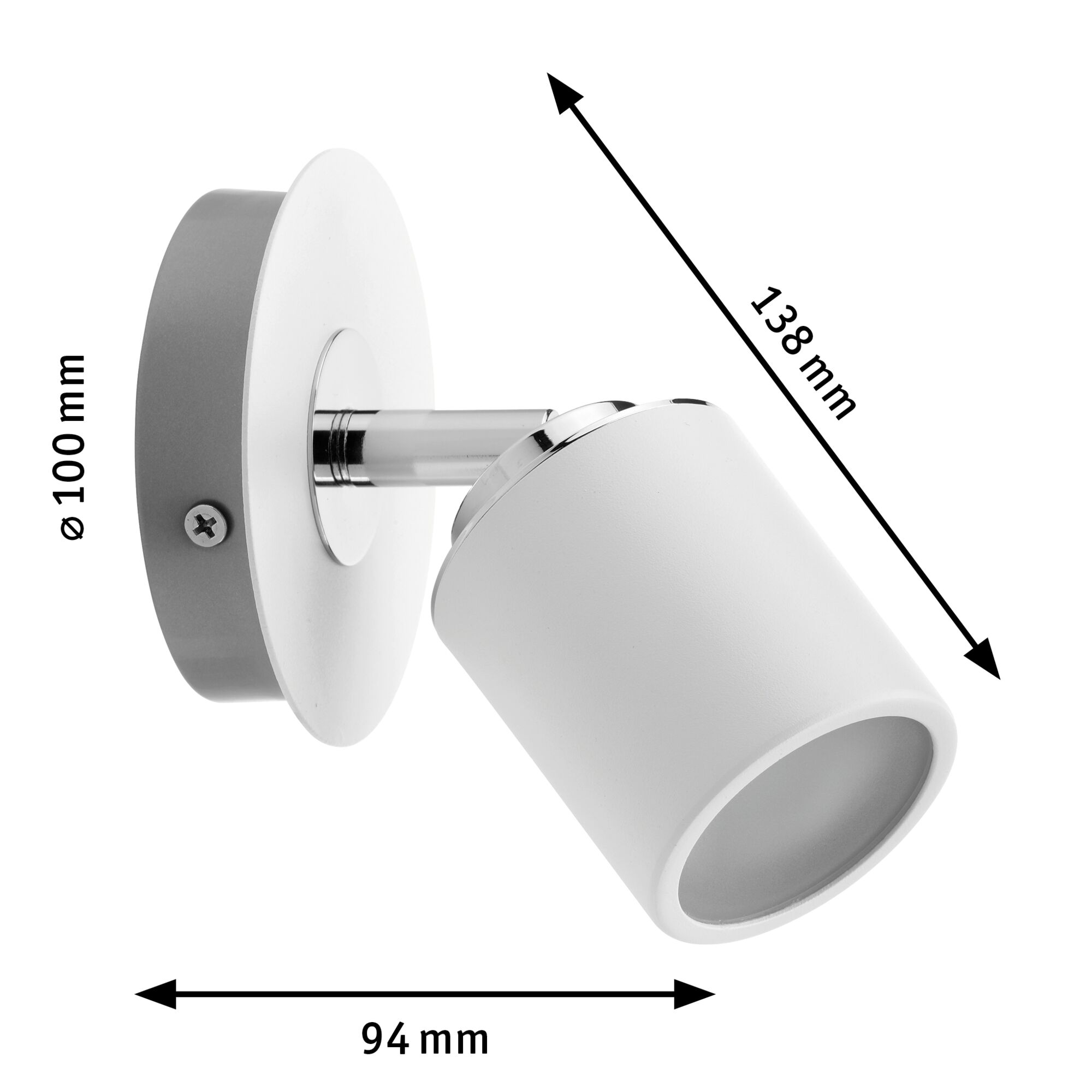 White metal LED wall spotlight with adjustable head measuring 138x94 mm for targeted lighting
