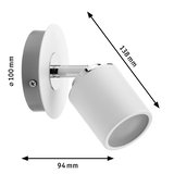 White metal LED wall spotlight with adjustable head measuring 138x94 mm for targeted lighting