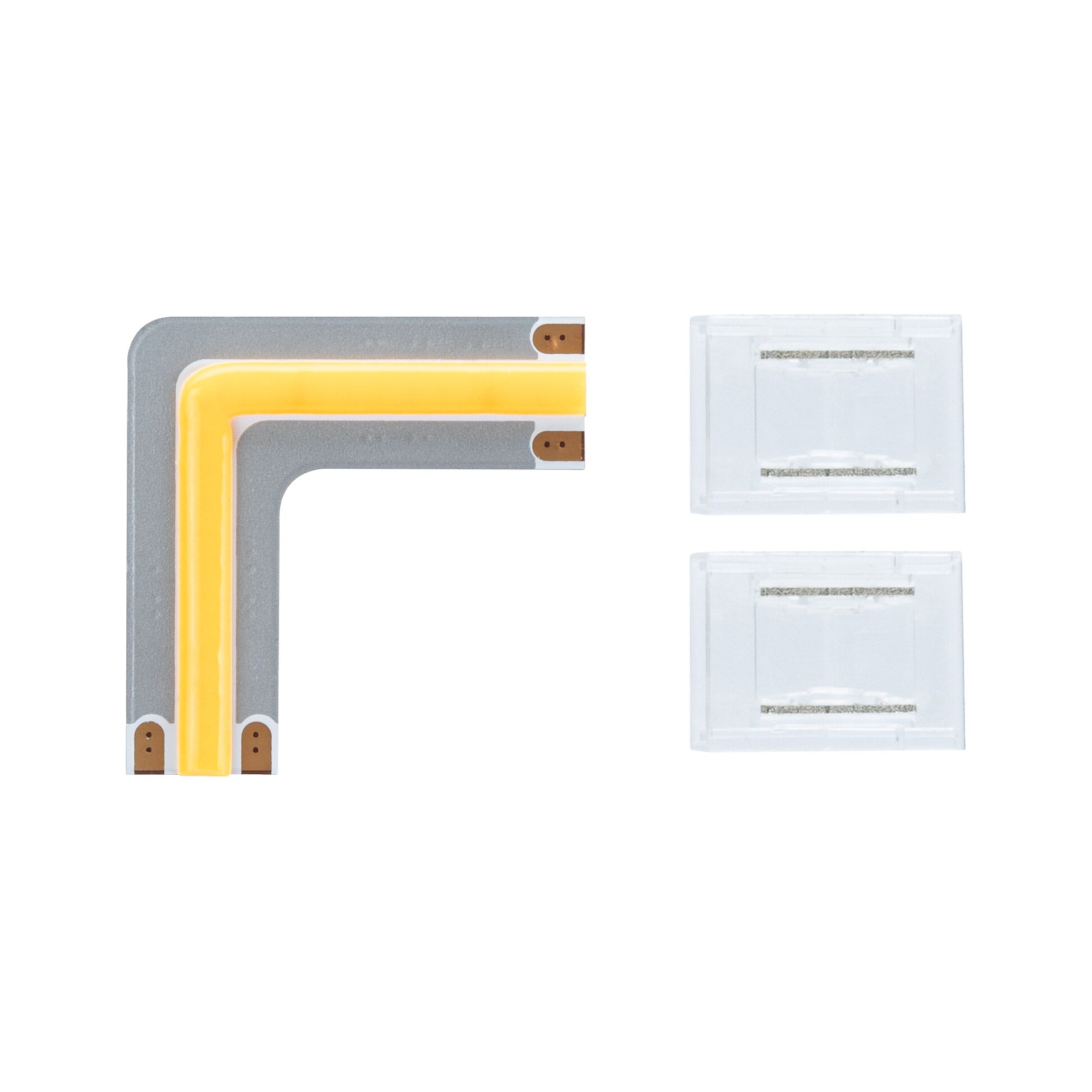Grey LED corner connector with warm white light for flexible LED strip lighting, accessory for LED light strips.