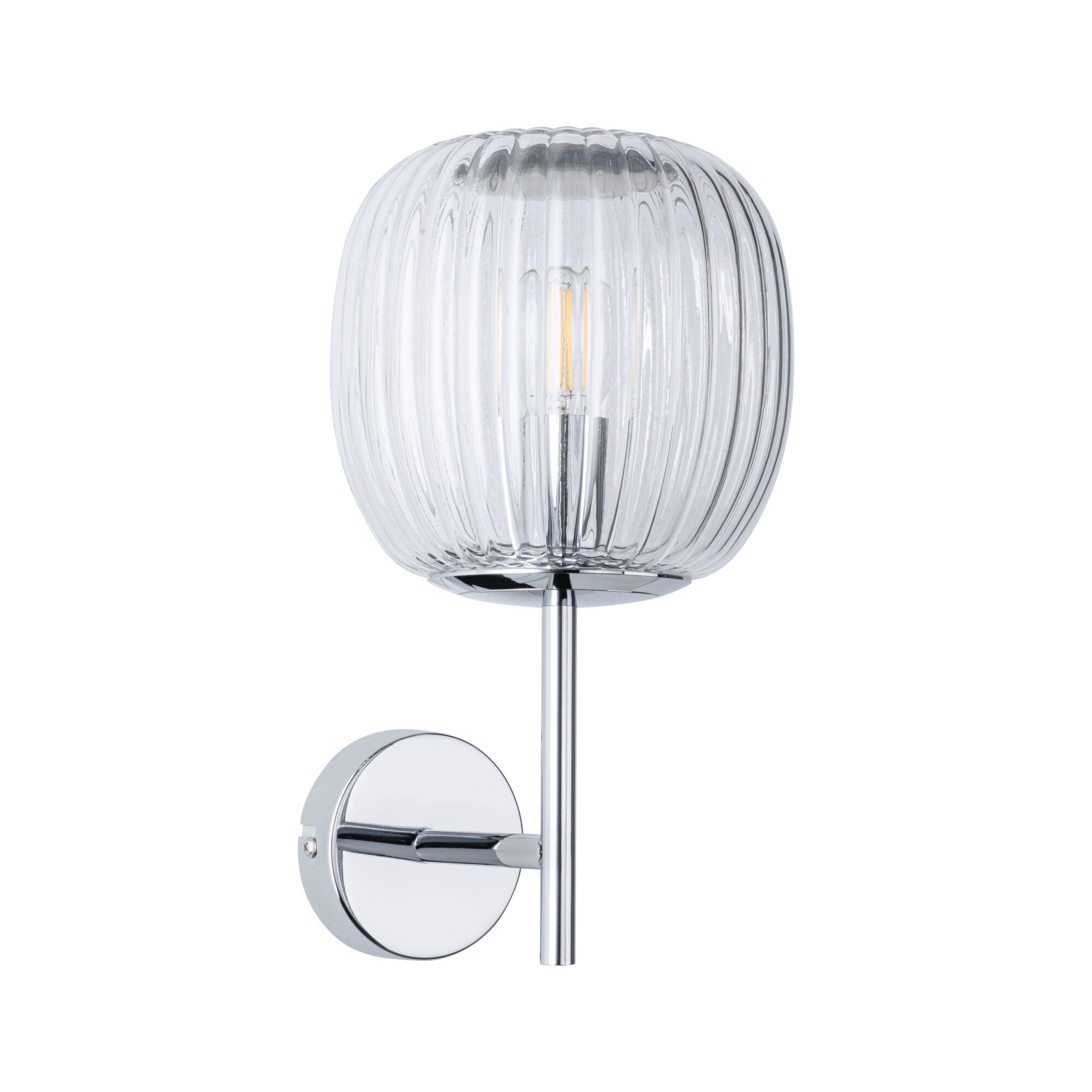 Wall light with ribbed clear glass and chrome metal arm for modern interior lighting