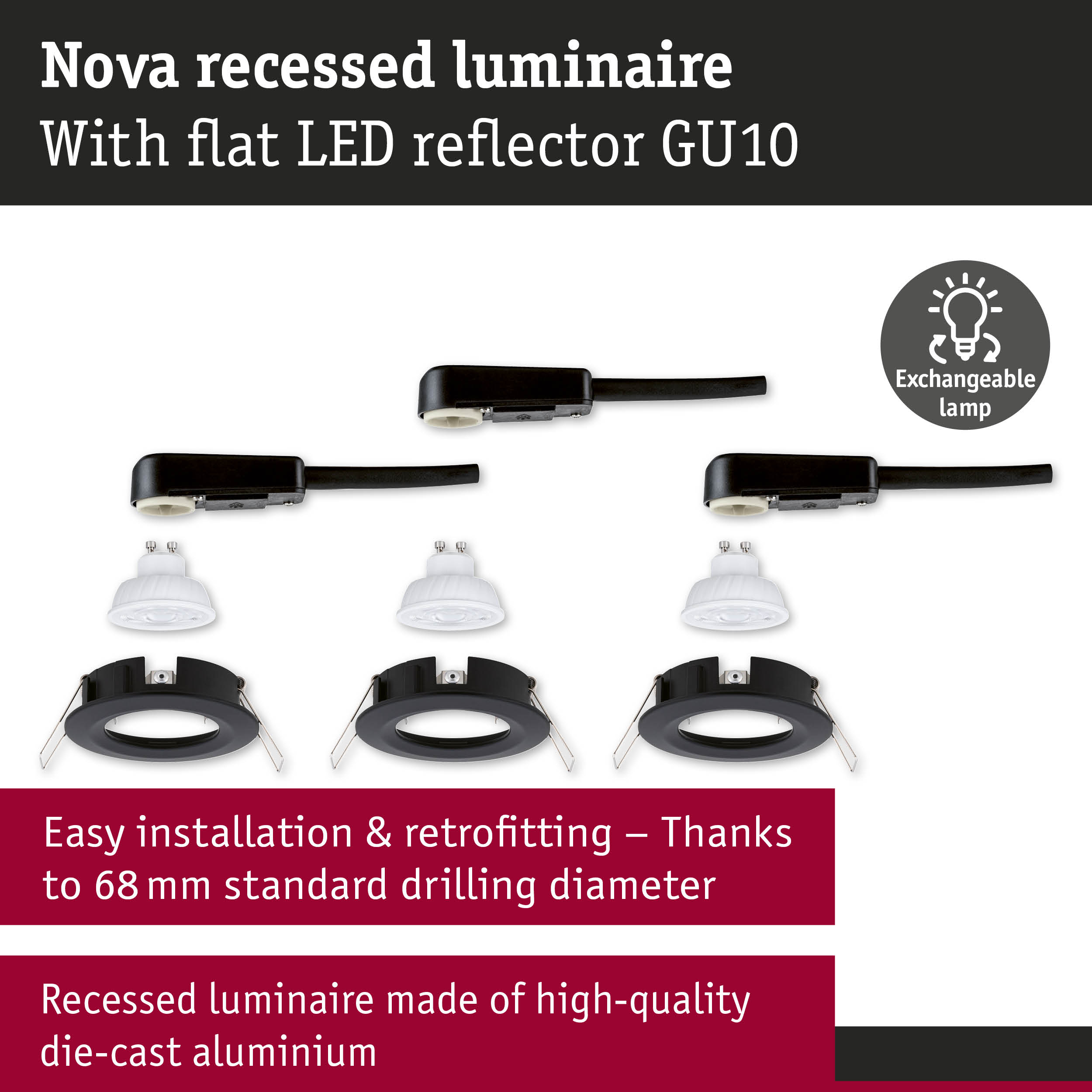 Nova recessed luminaire in black die-cast aluminium with GU10 LED socket and exchangeable lamp