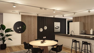Modern kitchen with round wooden table, black chairs, and minimalist ceiling lighting fixtures.