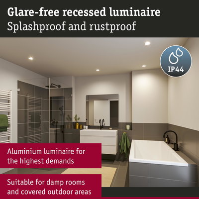 Glare-free white aluminium recessed luminaire with IP44 rating for damp rooms