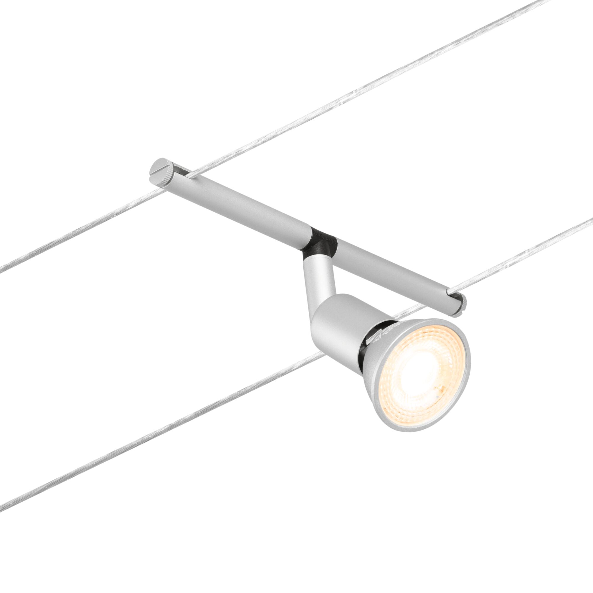 Silberner LED-Seilspot aus Metall mit warmweißem Licht für moderne Beleuchtungssysteme