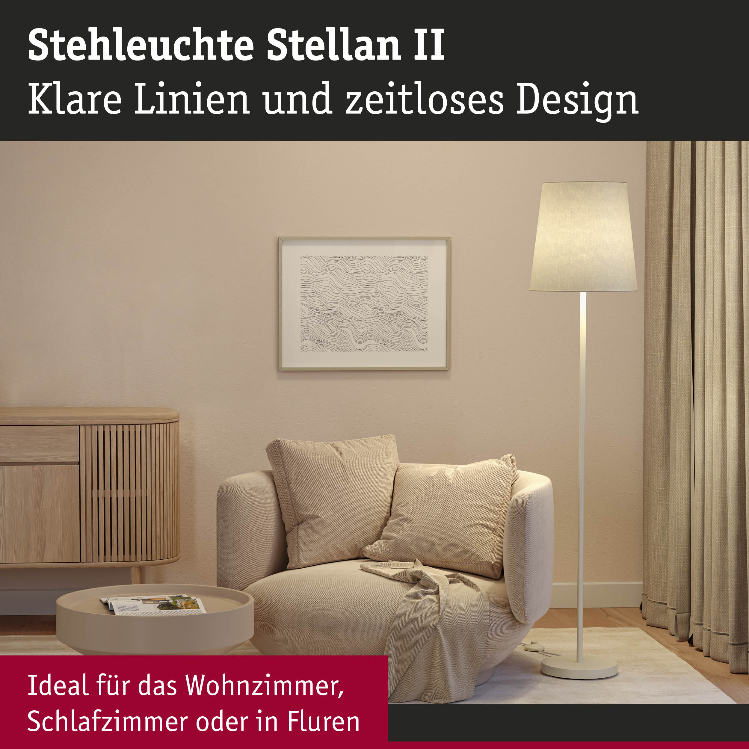 Stehleuchte Stellan II in Weiß mit klarem Design, ideal für Wohnzimmer, Schlafzimmer und Flurbeleuchtung