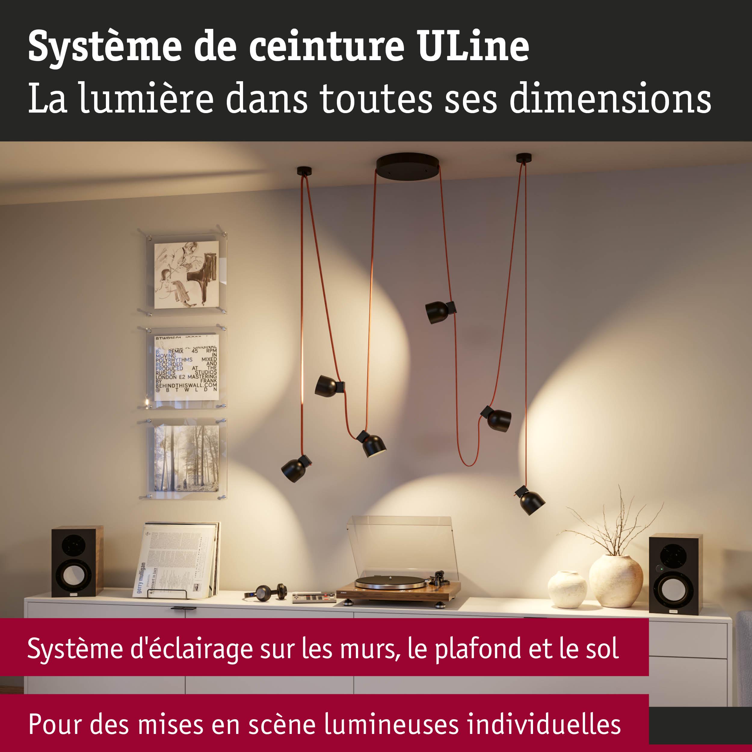 Système d'éclairage Uline avec spots noirs suspendus par câbles rouges pour murs et plafond
