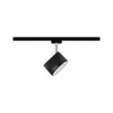 Black metal LED spotlight on track system with warm white light for modern room lighting