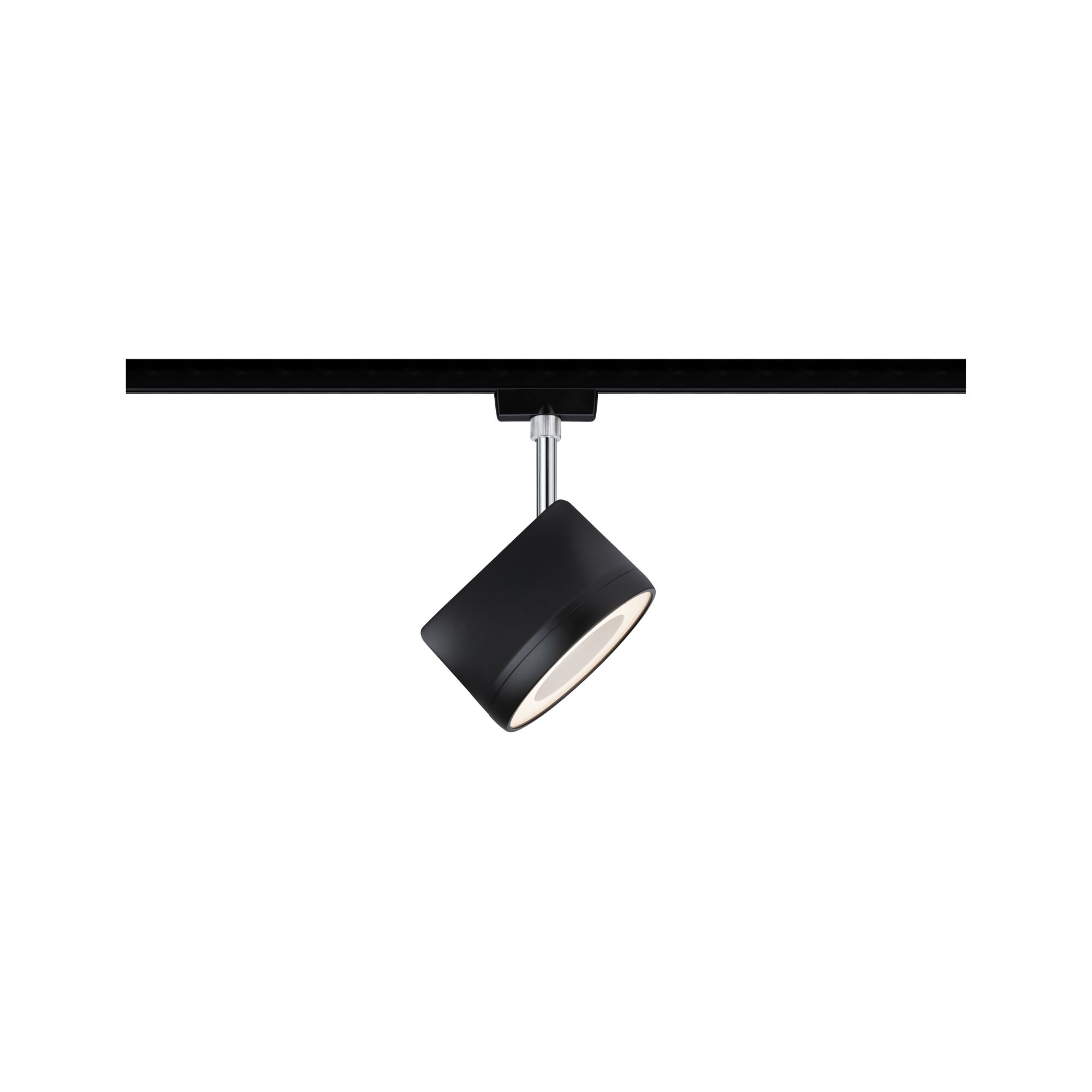 Black metal LED spotlight on track system with warm white light for modern room lighting