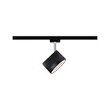 Black metal LED spotlight on track system with warm white light for modern room lighting