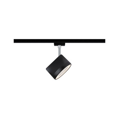 Black metal LED spotlight on track system with warm white light for modern room lighting